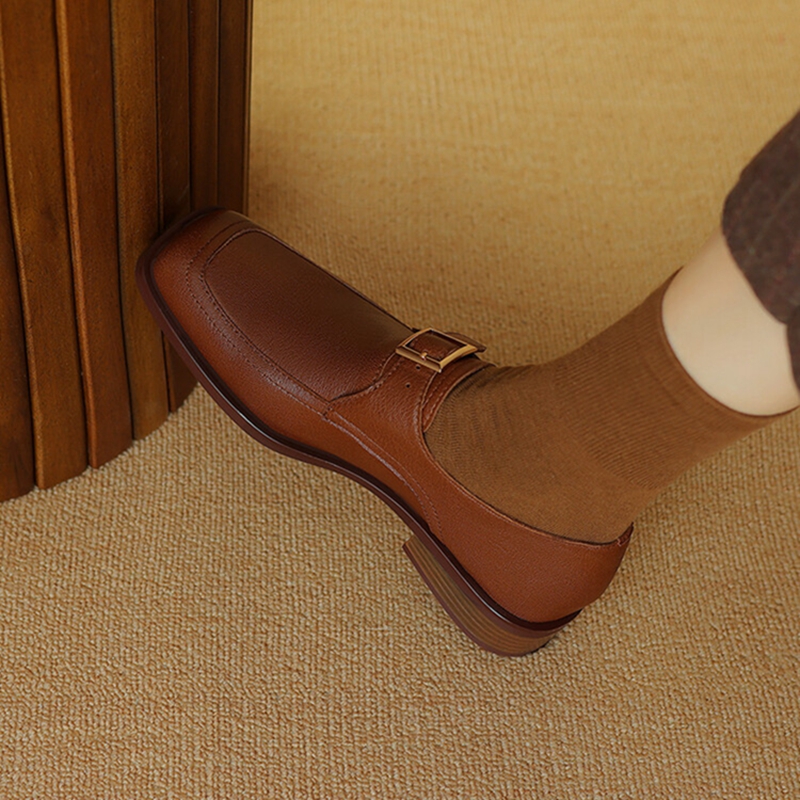Spring NEW Loafers Genuine New Leather for Square Toe Chunky Heel Women Pumps Slip-on Buckle Oxfords Shoes 0fd3 Oxds