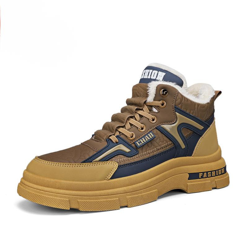 Mid top leather with plush Martin boots for outerwear, warm snow boots, British style men's thick soled cotton shoes