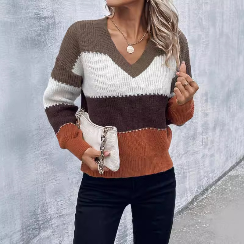 dongdumaoyi New Autumn/Winter V-neck Sweater Amazon Cross border Foreign Trade Women's Knitted Sweater Fashion Color blocked Loose and Versatile 
