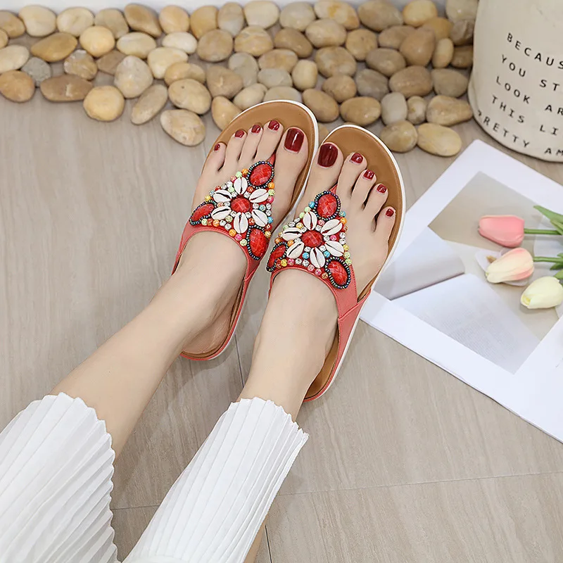 Women Slippers Summer New Fashion Beaded Slides Shoes Wedge Beach Sandals Women Outside Platform Leisure Retro Flip Flops