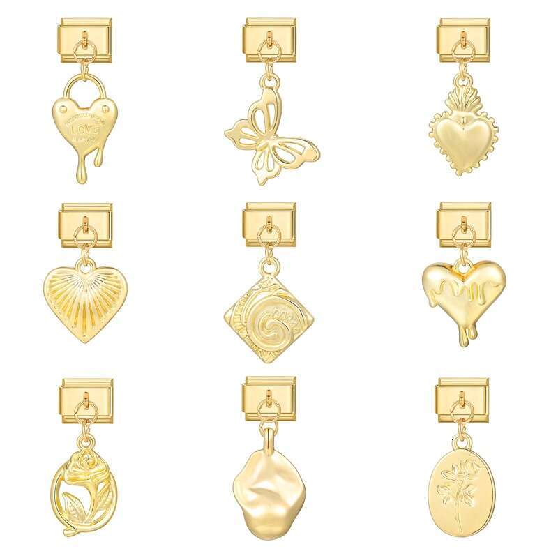New Women's Gift Gold plated flower butterfly Pendant Italian Charms Links Bangle Beads Fit 9mm Stainless Steel Bracelet Making DIY For Women Fas