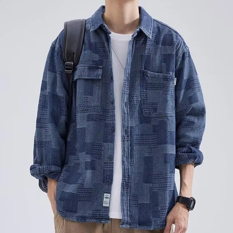 Clothing denim shirt jacquard splicing niche long sleeved work mens spring and autumn jacket Japanese retro 240904