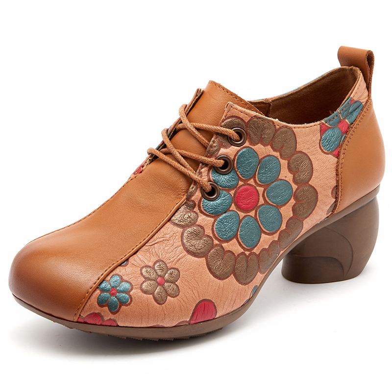 Spring/Autumn 2024 Genuine Leather Lace-Up Pumps, Chinese Style Printing Concise High Heels Ladies Shoes 4
