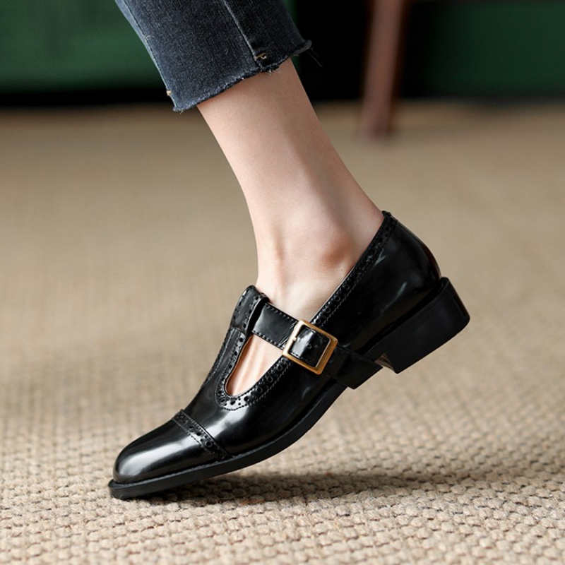 2025 new New 2022 Spring/Autumn Women's Shoes Round Toe Chunky Heel Mary Janes Split Leather Brown/Black Brogues Women Pumps e7c2