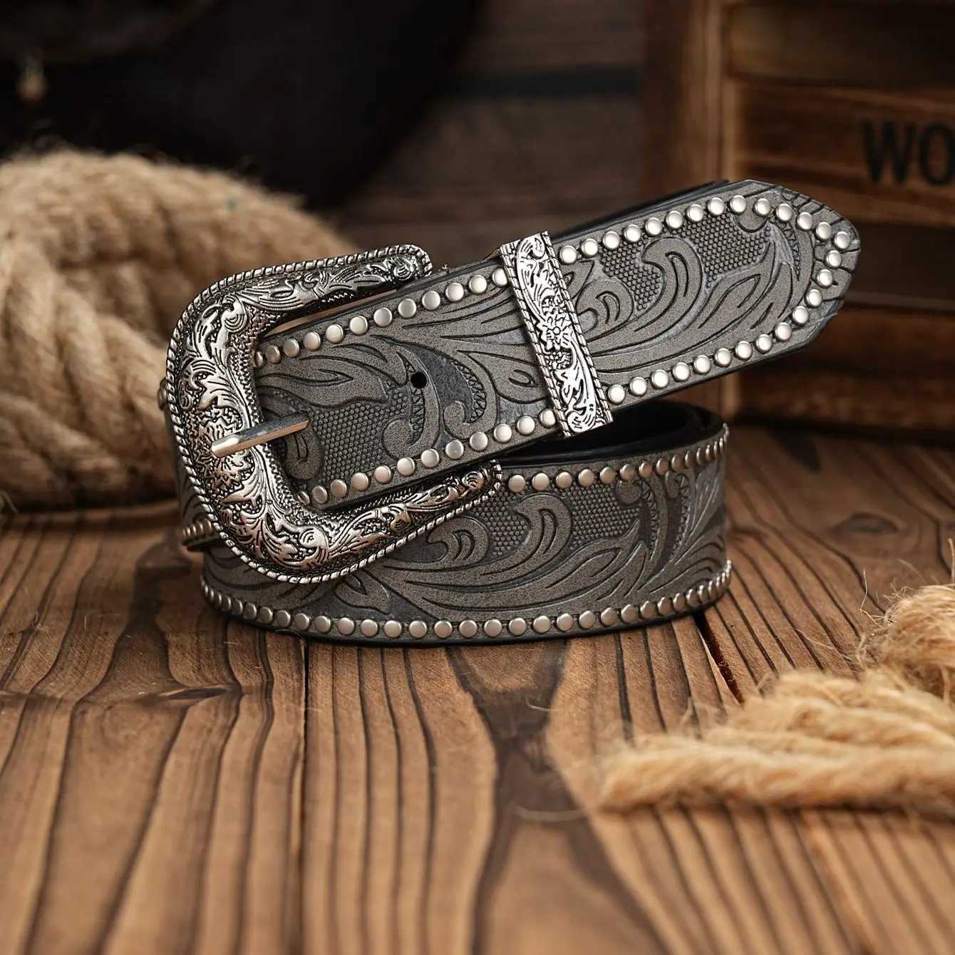 Western Cowboy PU Leather Belt - Men Waist Strap Bull Decoration Floral Engraved for JeansX240914