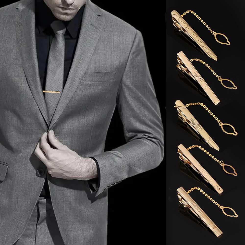 New Metal Gold Color Tie Clip With Chain For Men Wedding Necktie Tie Clasp Clip Gentleman Ties Bar Tie Pin For Mens AccessoriesX240914