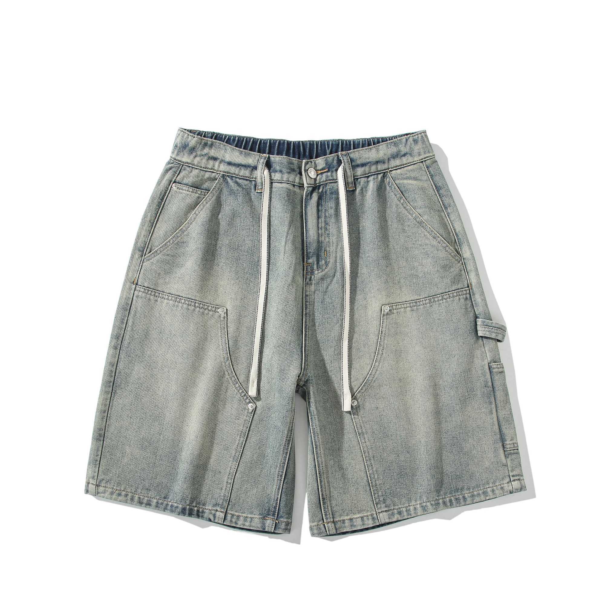 Patchwork Straight Casual Cargo Shorts Men Summer New Wide Leg Hip-hop Fashion Drawstring Youth Streetwear Denim ShortsX240914