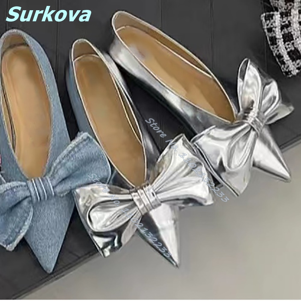 Butterfly Knot Flat Shoes Pointy Toe Shallow Slip On Sliver Mirrior Women Shoes New Arrival Comfortable Fashion Leisure Sandals