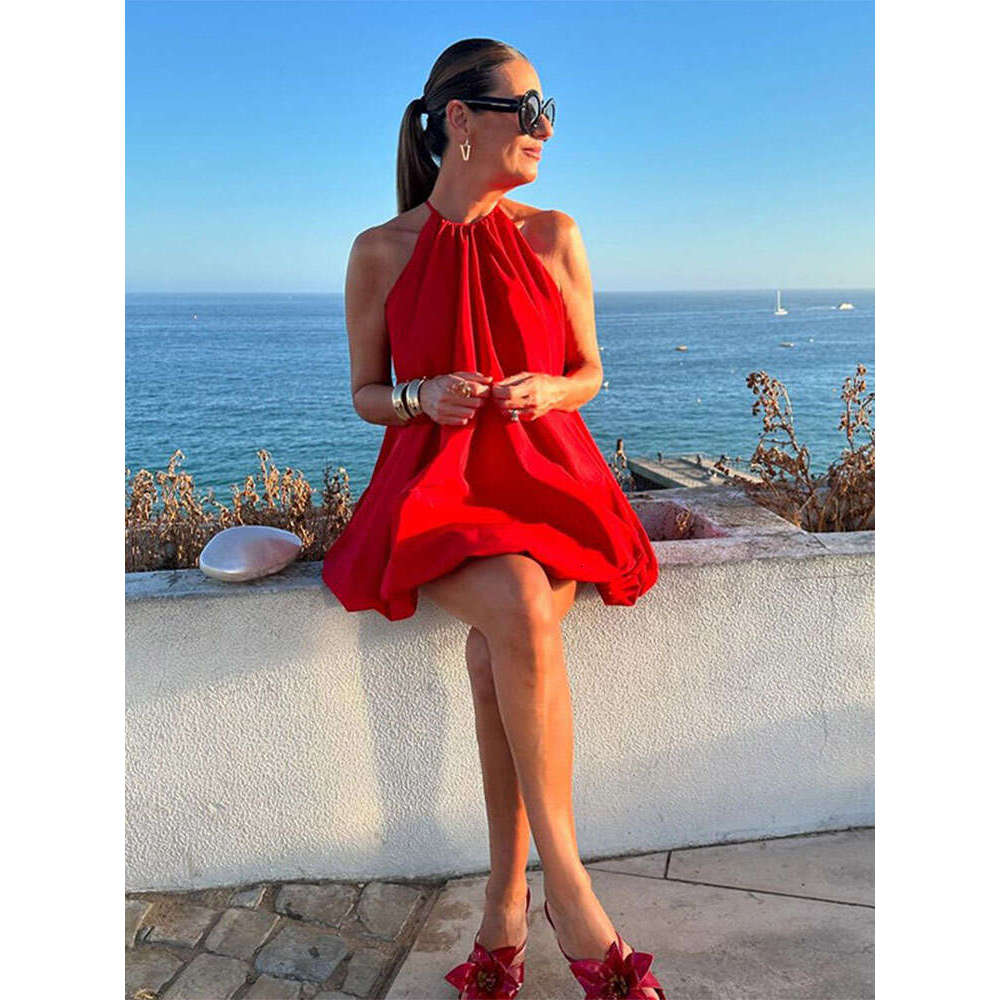 Women Fashion Red Halter Mini Dress Sexy Round Neck Sleeveless Backless A-E Dresses 2024 New Summer Lady Beach Holiday Robes