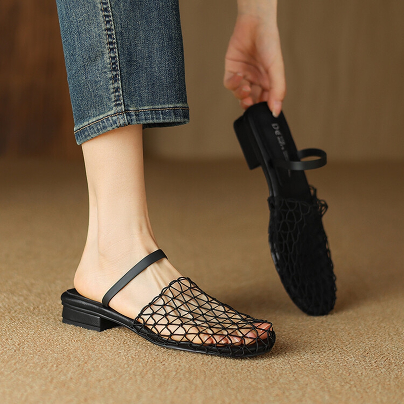 Summer NEW Mules Air Mesh for Women Round Low Heel Slippers Cover Toe Sgback Sandals Hollow Weave Black Shoes e0b5 845