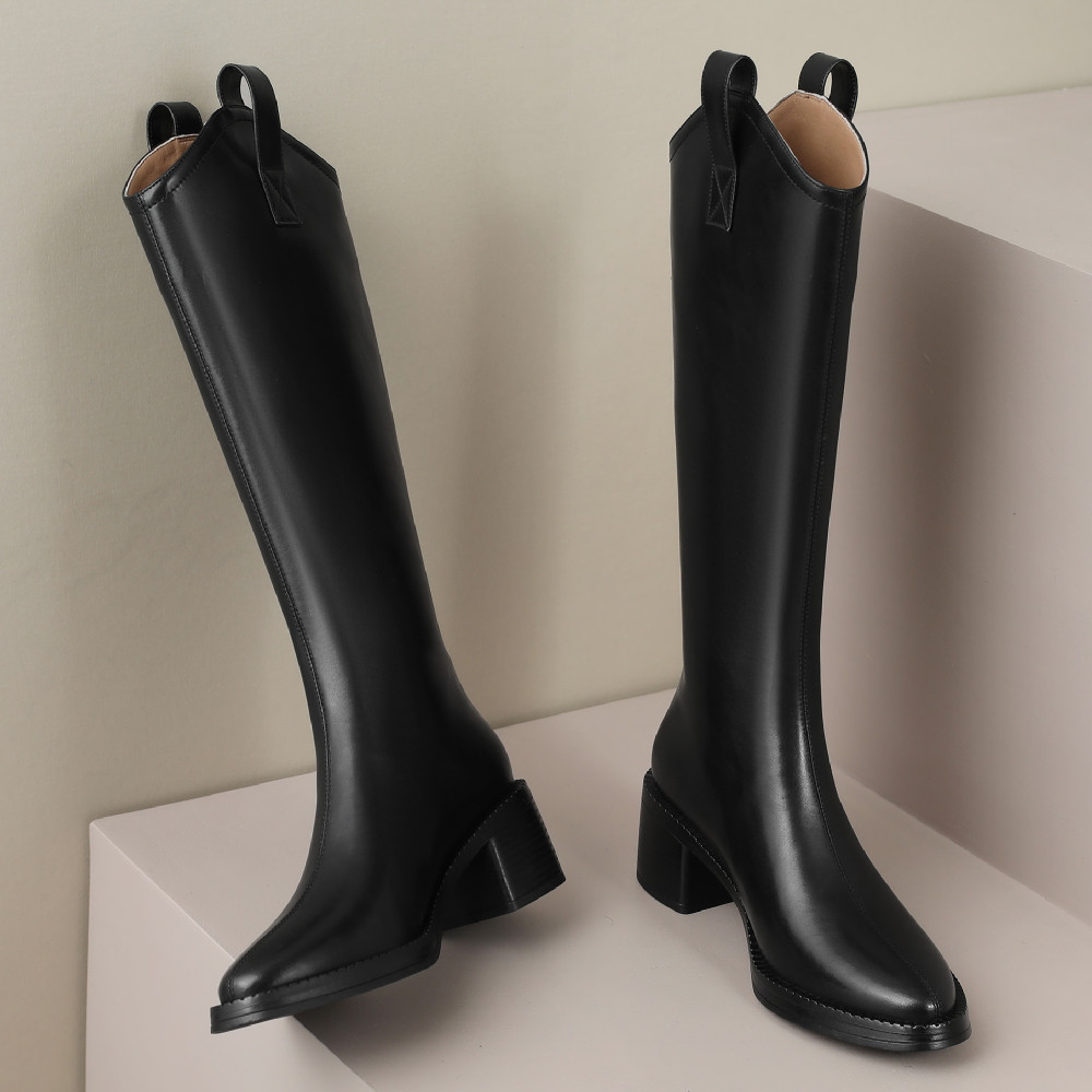 trend Women's 2023 genuine leather 5.5cm thick med heel round toe side zip autumnn knee high winter long boots shoes 0a22