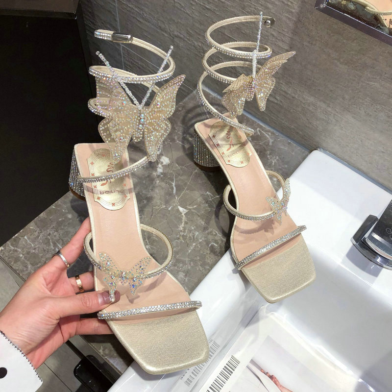 Luxury Sandals Women's 2024 New Thick Heel Square Head Shiny Winding Fairy Rhinestone Butterfly Roman Sandals