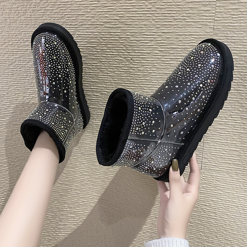 Flat Heel Women's Rubber Boots Winter Footwear Round Toe Crystal Female Shoes Plush Boots-Women Australia Rain 2022 Med Rhinesto