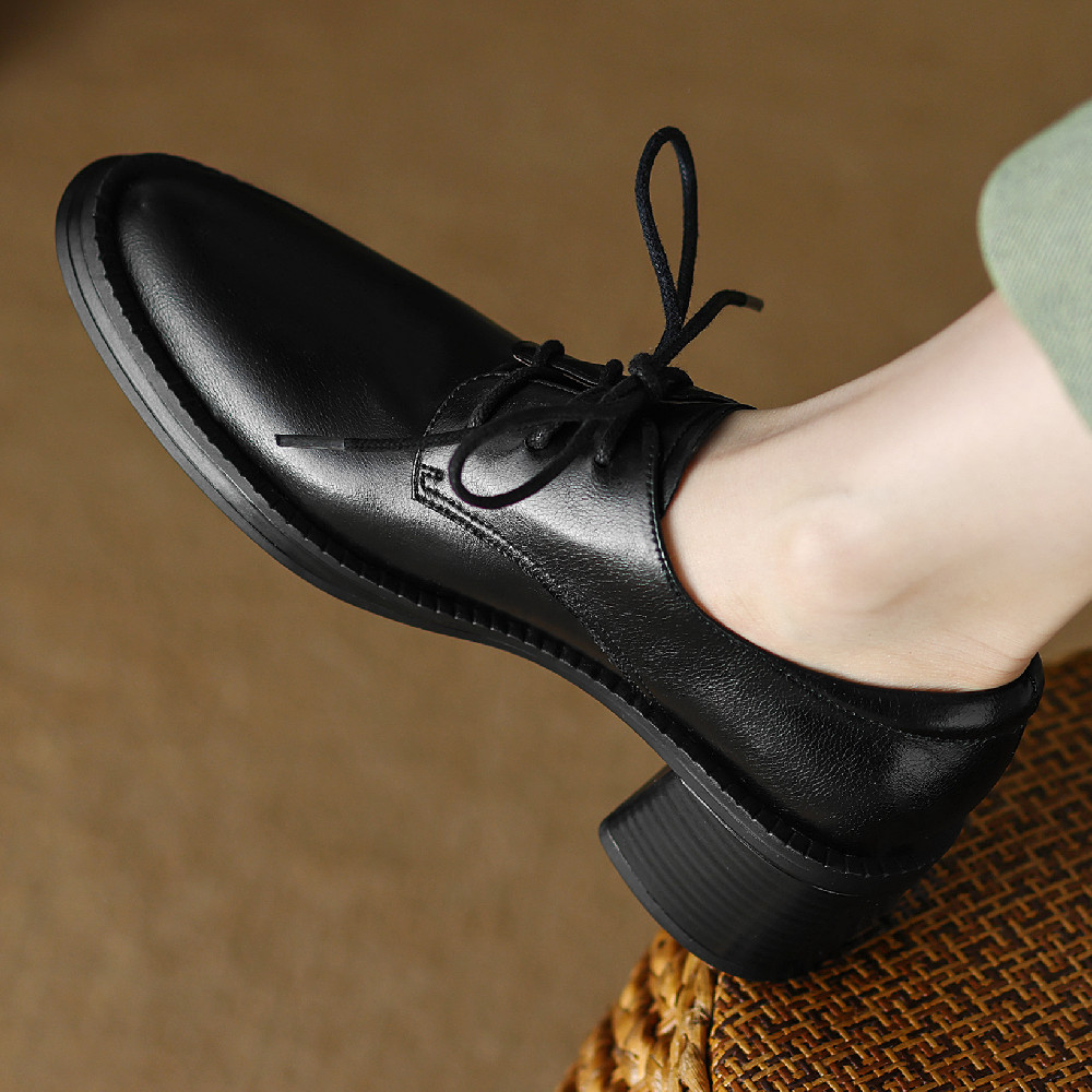 cow Women's leather 5.5cm thick high heel rounnd toe lace-up oxfords british style soft comfort casual female four season shoes 9433