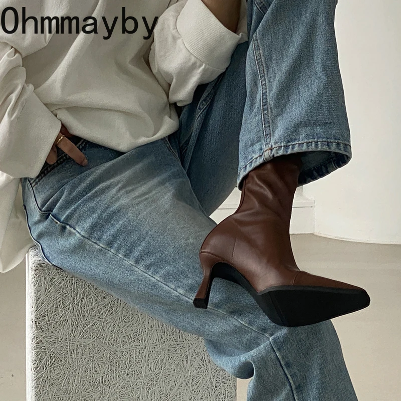 Toe Pointed Women Short Boots Fashion Zippers Slim Ankle Booties Thick High Heel Autumn Winter Ladies Shoes 7cbc