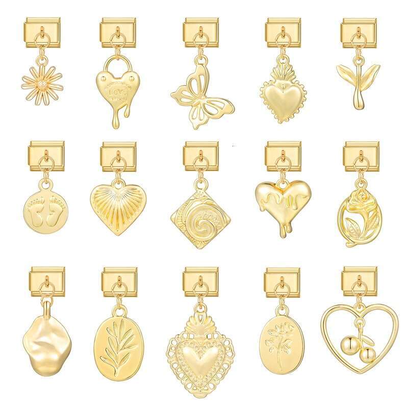 New Women's Gift Gold plated flower butterfly Pendant Italian Charms Links Bangle Beads Fit 9mm Stainless Steel Bracelet Making DIY For Women Fas