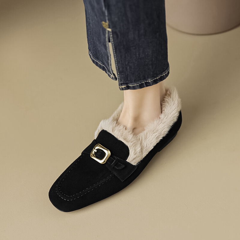 Winter NEW Loafers Sheep Suede Leather for Women Round Toe Low Heel Black Warm New Wool Blend Shoes atos mujer 39bc