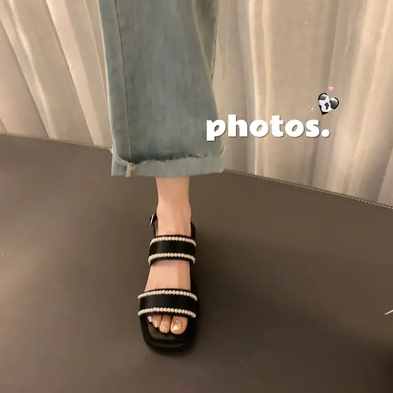 2022 Women's Pearl Sandals Female Ankle Buckle Flats Ladies Non Slip Summer Sandalias Mujer Peep Toe Woman Beach Footwear