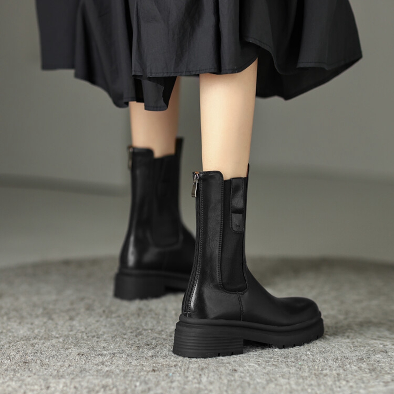 Split Autumn Round Toe Chunky Heel Winter Solid Half Boots Retro Leather Shoes for Women 6a1f