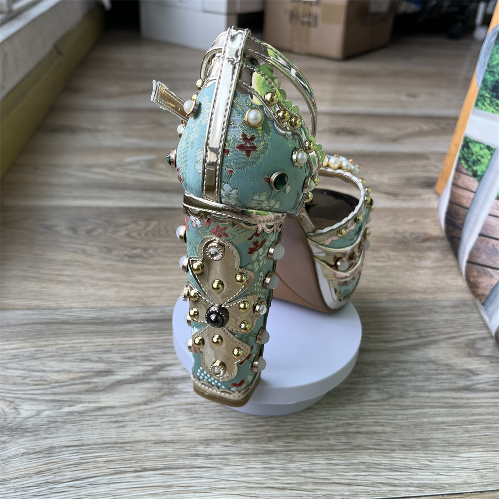 Luxury Pearl Rhinestone Design Sunflower Open Toe Sandals Retro Wedding Bride 14cm High Heels New Sexy Summer 34-43 Women Shoes
