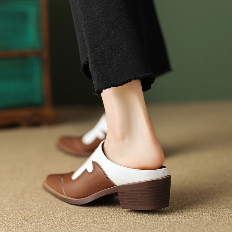 Covered New Summer Toe Slippers Chunky Heel Mules Split Leather for Women Sgback Sandals Handmade Shoes 8823