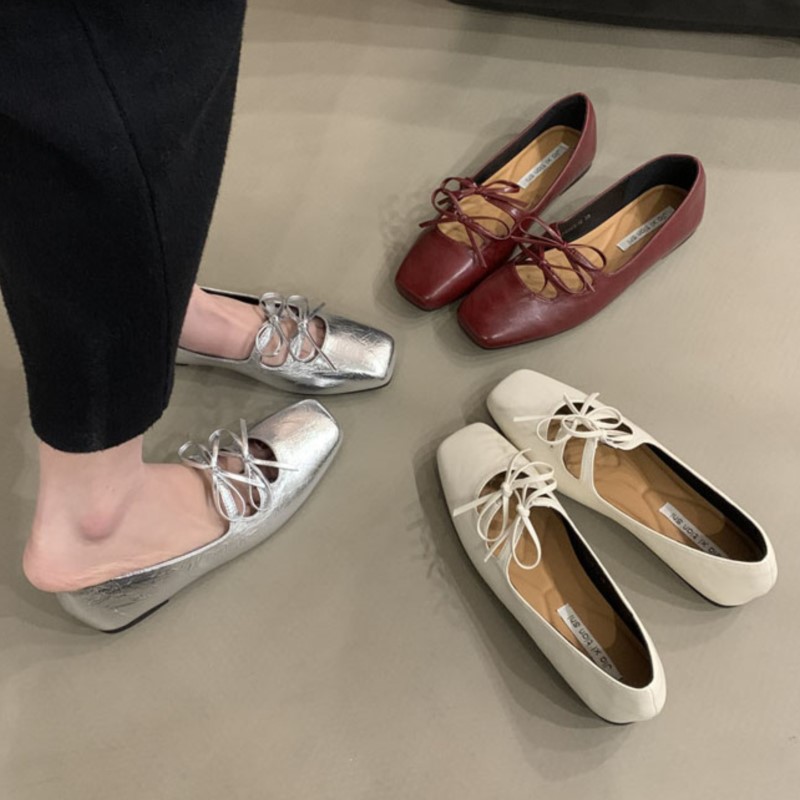 Women's Boat Shoes Square Toe Slip on Flat Shoes Double Bow Ballet Flats Girls Princess Leather Shoes Spring Zapatos Mujer 1789N
