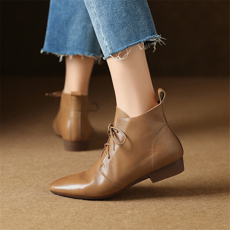 2023 New Autumn Genuine Leather Women Boots Round Toe Low Heel Ankle Boots for Women Winter Fashion Boots Lace-up Women Shoes