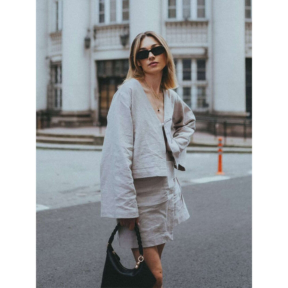 Women Casual V-Neck Lace Up Long Sleeves Tops Chic Loose Solid Women's Skirt Suit 2024 New Commute Fashion Lady Skirts Suits