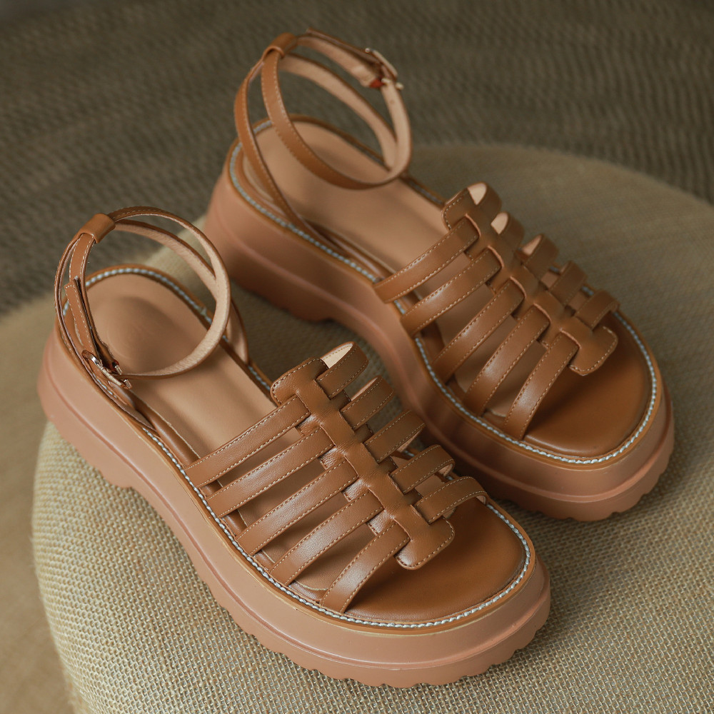 2025 new plus danxuefei size 34-42 women's great pu leather thick sole platform flats sandals narrow band braided ankle strap shoes women 438f