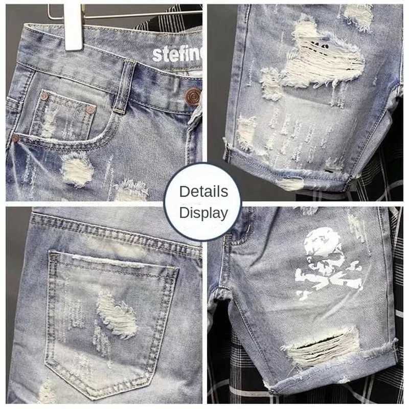 New Summer 2022 Ripped Hole Beggar Short Pants Mens Personality Skeleton Skull Printed Korean Slim Fitting Cowboy Denim ShortsX240914