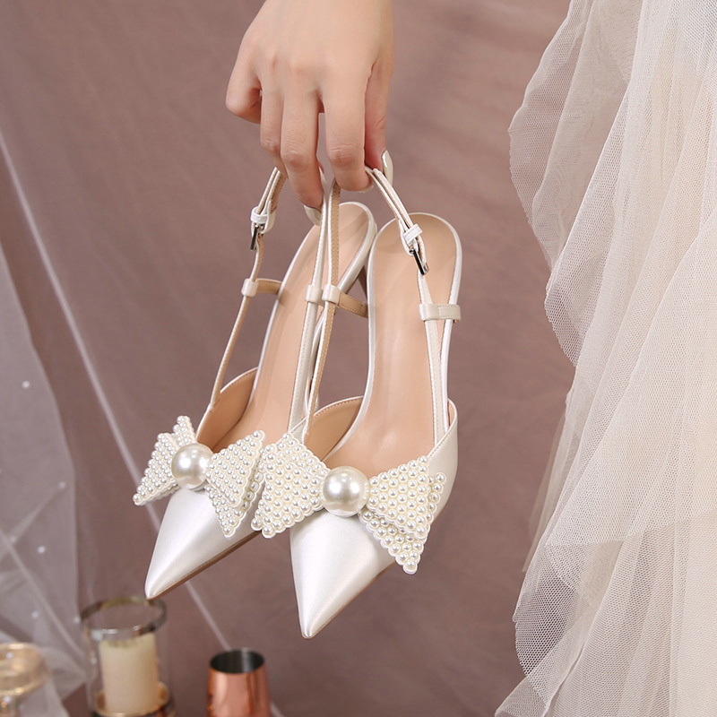 French Wedding Shoes Women 2024 New White Bridesmaid Shoes Bow High Heels Elegance Sandals