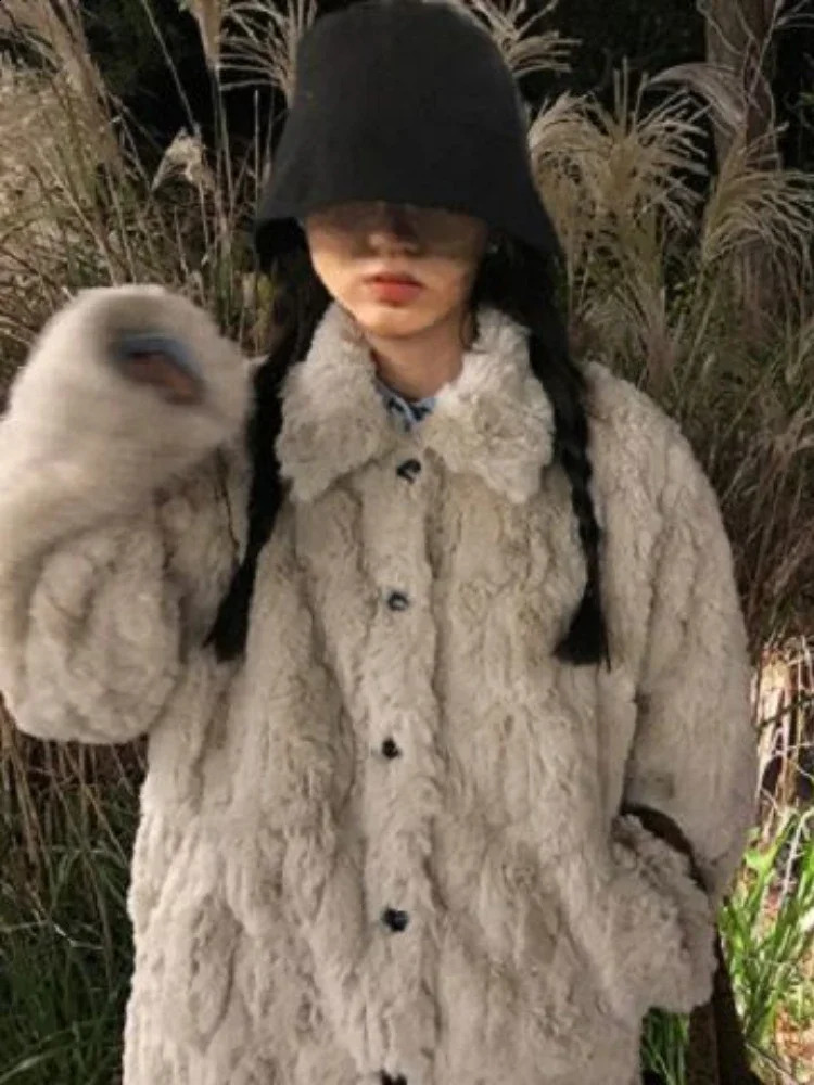 Deeptown Korean Fashion Cashmere Womens Short Jacket Elegant Fax Fur Coat Retro Apron Warm Fluffy AutumnWinter 240905