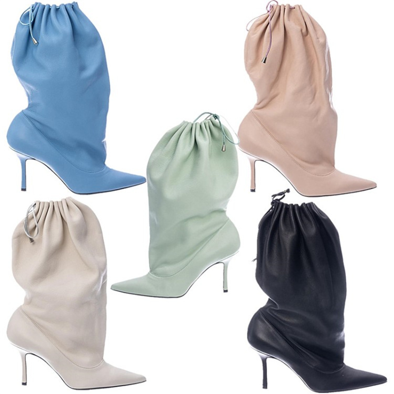 Brand Genuine Leather Tie-tie Women's Mid-calf Autumn Winter New Black Blue Personalized Short Boots Woman High Heels 43