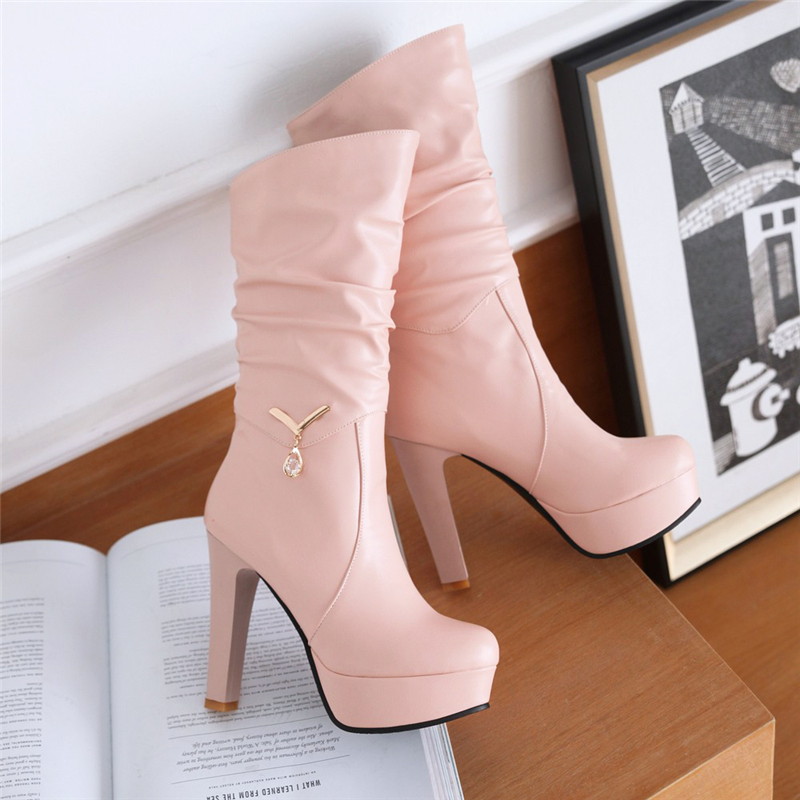 Winter Autumn Mid-calf Fashion White Pink Boots Ladies Elegant High Heels Platform Party Shoes For Women c3cd