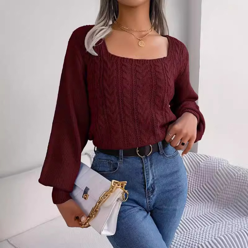 dongdumaoyi New autumn and winter square neck long sleeve pullover sweater solid casual Fried Dough Twists thread knit F0914#42