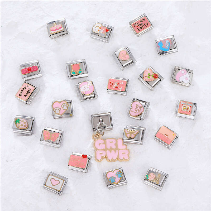 New Women's Gift Sweet pink heart Pendant Italian Charms Links Bangle Beads Fit 9mm Stainless Steel Bracelet Making DIY For Women Fashion Jewelry