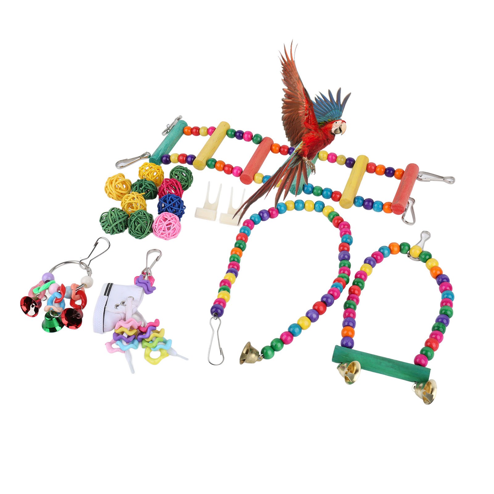 17Pcs Bird Cage Hanging Toys Parrot Swing Standing Chewing Hanging Toy With Hammock Hanging Ladder Rattan Balls Rope