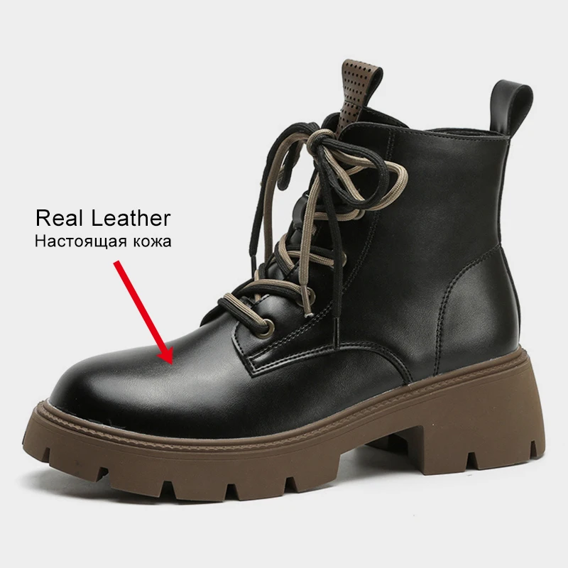 JOZHAMTA Size 34-40 Women Ankle Flatform Real Leather Thick Heels Shoes Woman Lace-Up Winter Ins Fashion Platform Boots