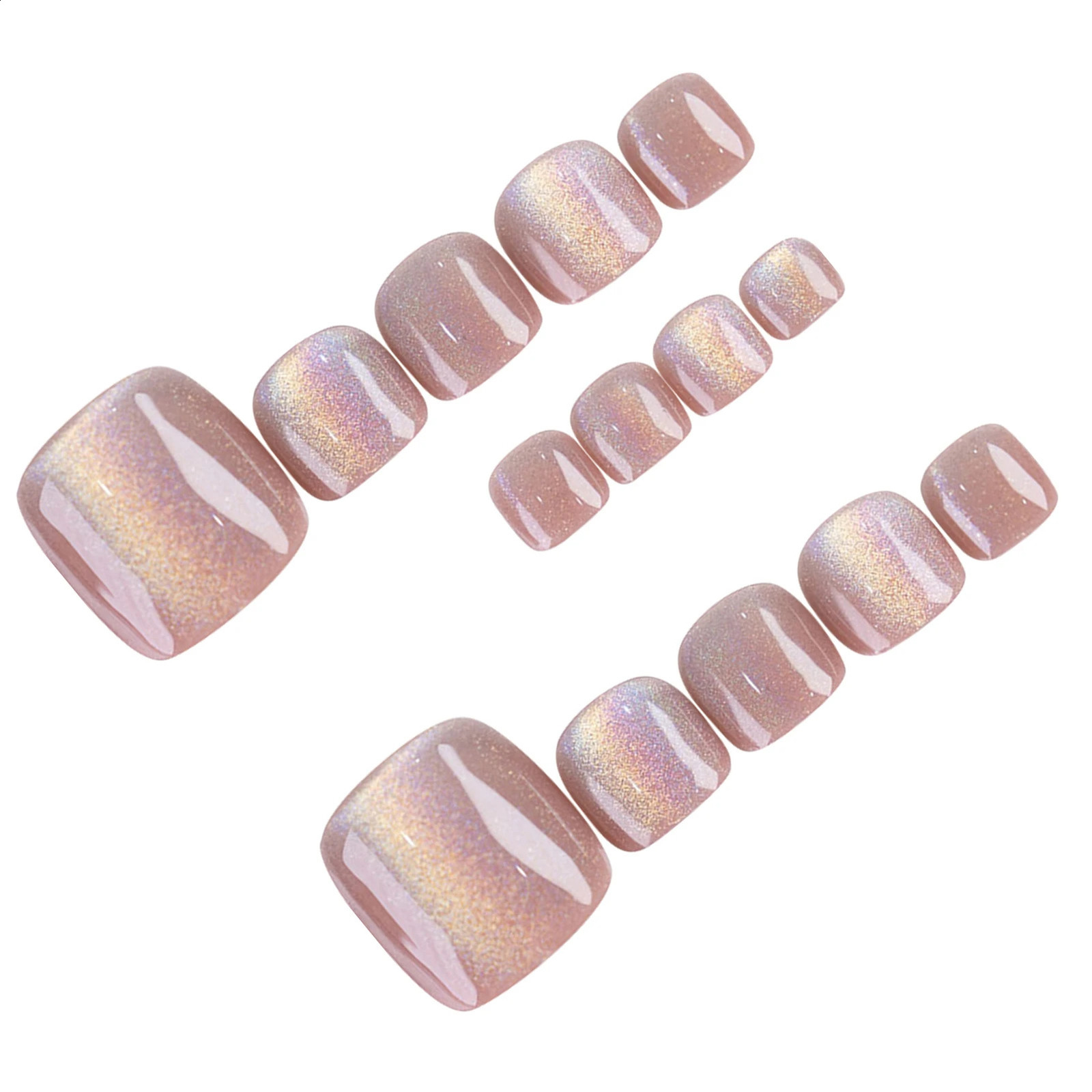 14pcs Handmade Rainbow Cats Eye False Toe Nails Press On Square Crystal Fake Toenails Wearable Summer Short Artificial Nails 240914