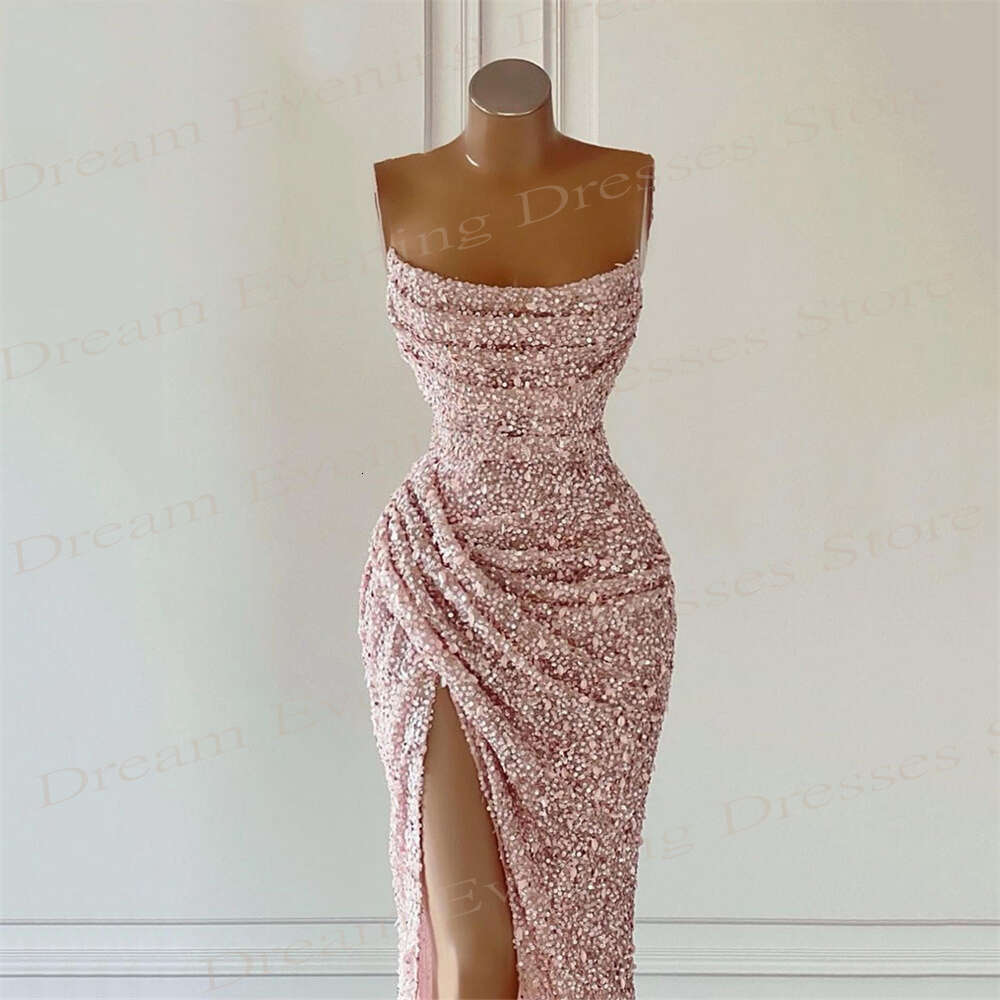 Generous Pink Mermaid Shiny Glitter Evening Dresses ful Strapless Sleeveless Prom Gowns Sexy Side Split Vestidos De Fiesta