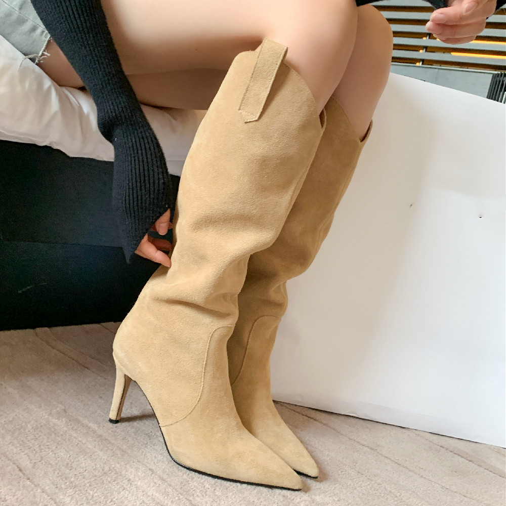 Elegant ladies thin high heel pointed toe slip-on autumn knee high boots natural suede leather female high boots shoes for women