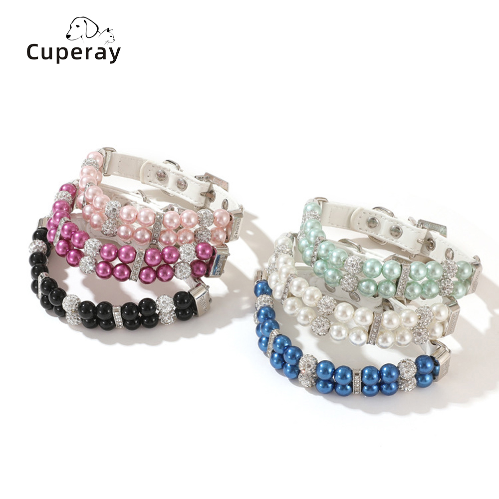 Dog Cat Pearl Collar with Crystal Rhinestones Dog Collar Necklace PU Leather Collar for Small Medium Dogs Wedding Birthday Party