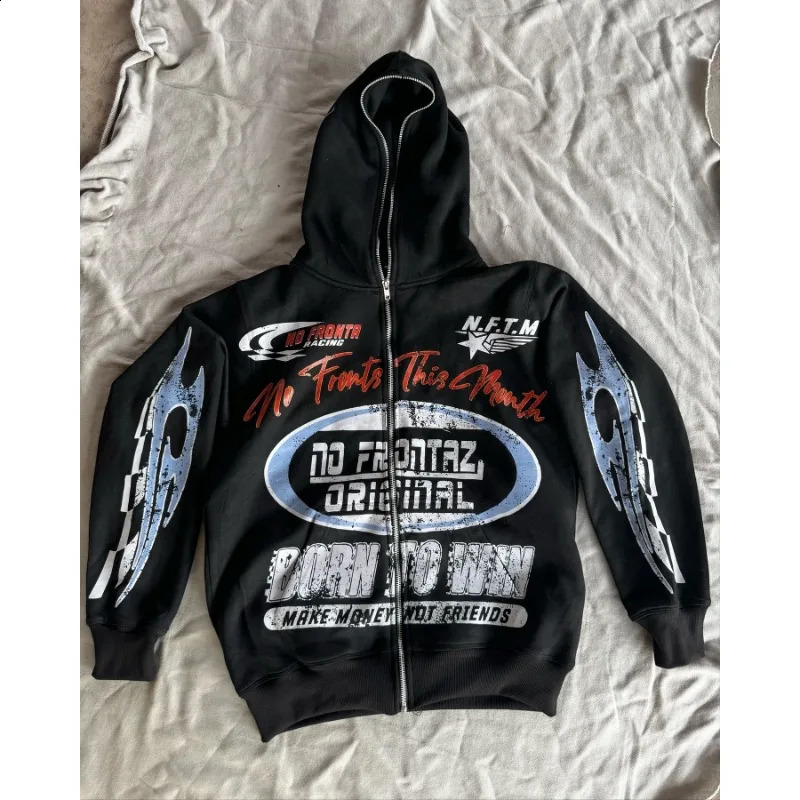 Alphabet racing element n printed zipper Cardigan hoodie for women y2k American hiphop rock pop casual sweater 240911