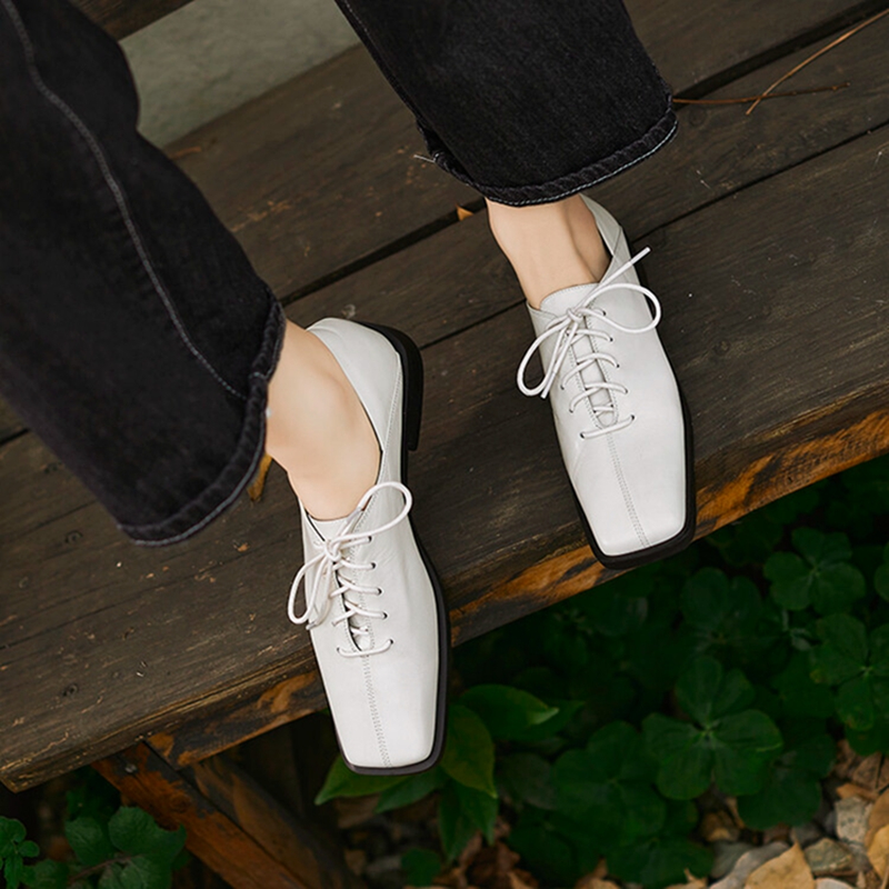 Spring/Autumn NEW Genuine Leather New for Square Toe Chunky Women Pumps Lace-up Low Heel Shoes 74a0