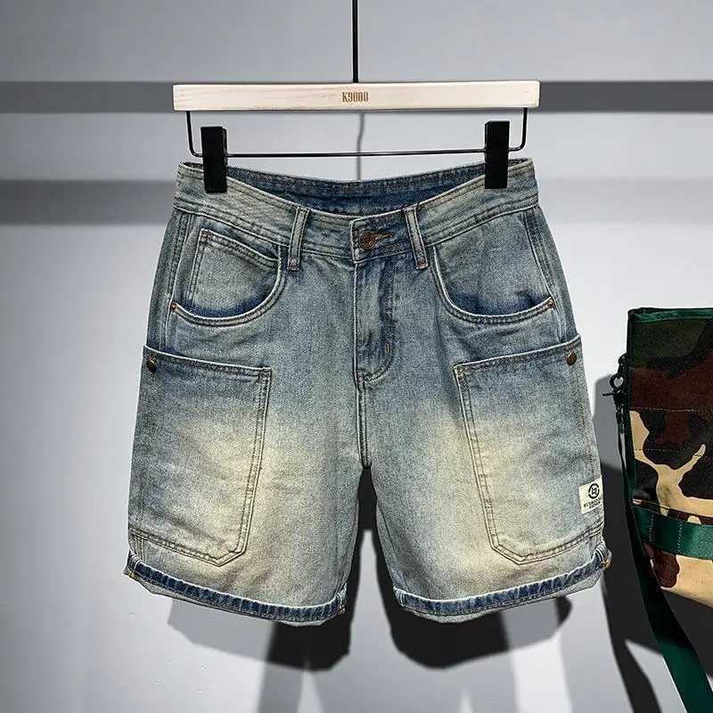 Summer Korean Luxury Clothing Vintage Mens Casual Denim Solid Knee Length Shorts with Vintage Large Pockets Blue Jeans for MenX240914