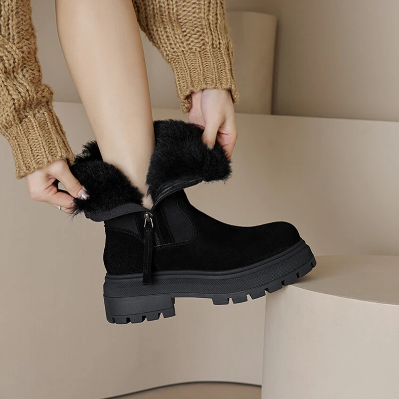 Round Winter Toe Thick Heel Cow Suede Leather Shoes for Women Warm Wool Blend Platform Snow Boots 4c97 Platm