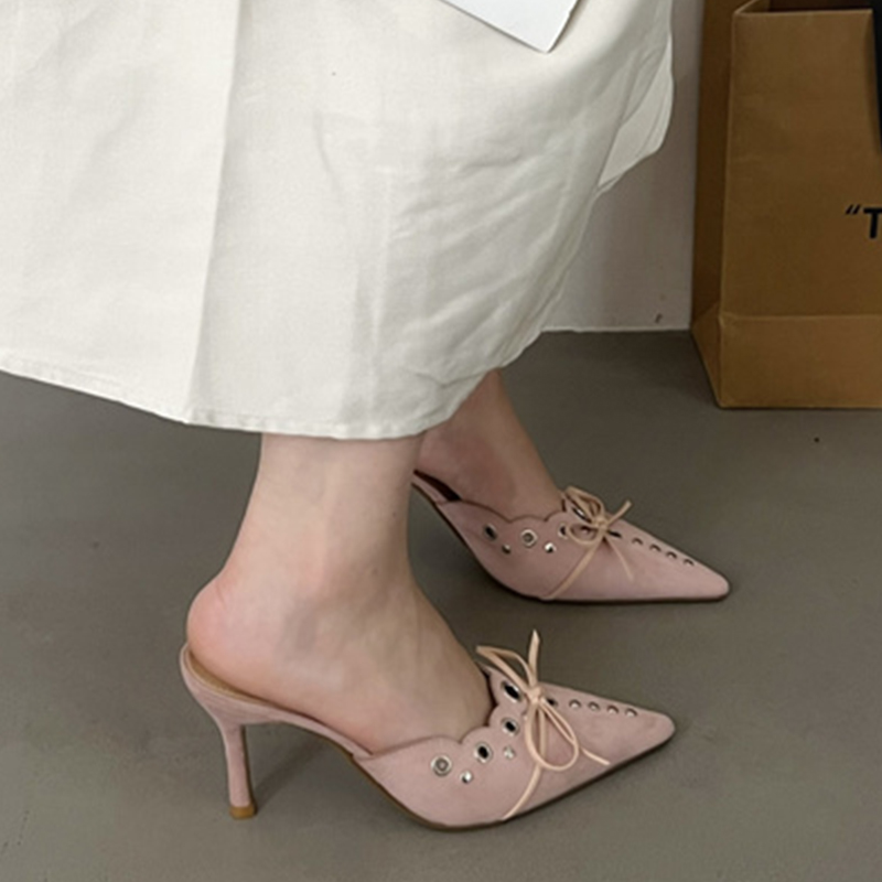 Ladies Thin Fashion Butterfly-Knot Rivet Female Slides Slippers Heels Women Footwear Mules Pumps Shoes c6d6