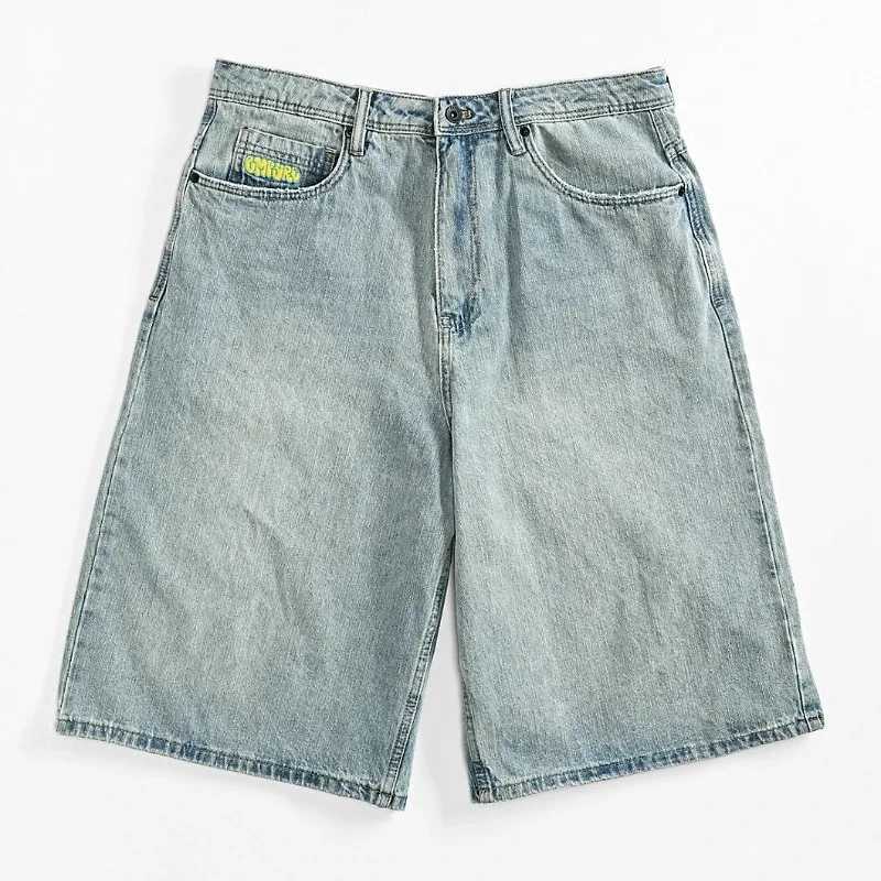 New Dark Blue Denim Skateboard Shorts Cartoon Design Relaxed Casual Jeans Wide-leg Pants Hip-hop Street Shorts For men and womenX240914