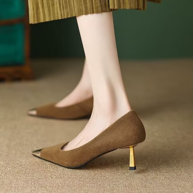 Women's Pumps Mid Heels Office Lady Shoes Gold Toe Boat Shoes Black Gold Heels Dress Shoes Velvet Pump Spring Autumn 1740N