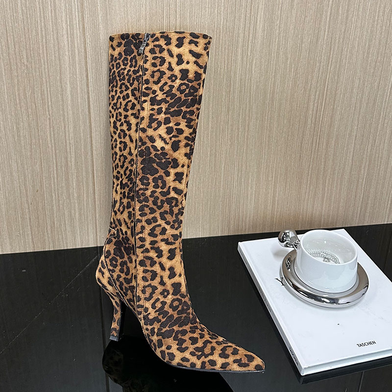 Big Size Footwear Pointed Toe Women Knee High Female Zippers Fashion Designer Leopard print Ladies Long Boots Heels Shoes